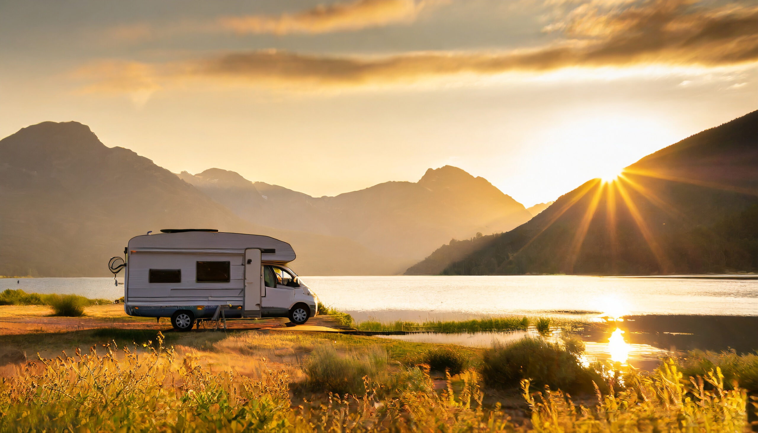 Firefly RV stands in front of a lake at sunset with slightly blurred mountains in background