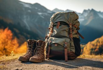 Рюкзак і туристичні черевики на фоні гористого пейзажу з осіннім листям, що служать символом пригод і активного відпочинку на природі.