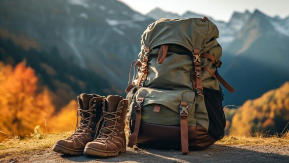 Рюкзак і туристичні черевики на фоні гористого пейзажу з осіннім листям, що служать символом пригод і активного відпочинку на природі.