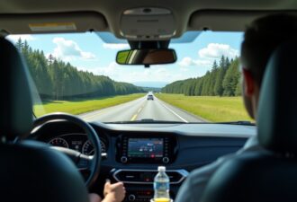 Реалістичний салон автомобіля з мальовничим видом на дорогу, що навіює спокій і готовність до подорожі.
