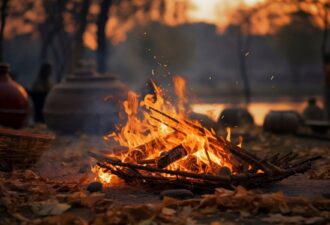 Вогнище на фоні осіннього пейзажу, яркі язики полум'я піднімються догори серед сухого листя і гілок, створюючи затишну атмосферу вечора.