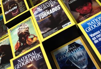 Колекція журналів National Geographic з різних років, розкладених на полицях, з характерними жовтими рамками на обкладинках і зображеннями дикої природи, культури та науки.