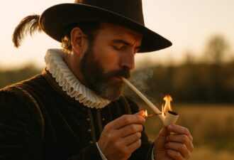 Чоловік у стильному костюмі епохи Відродження з капелюхом та коміром, запалює трубку. На фоні видно природний ландшафт, підкреслюючи атмосферу історичності та романтизму.