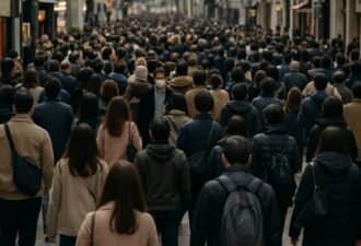 Натовп людей на жвавій міській вулиці йде в одному напрямку, серед них виділяється одна людина в масці, що рухається протилежно.