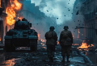 Двоє солдатів на фоні зруйнованого міста під час війни, оточені вогнем і руйнуванням, з танком на задньому плані.
