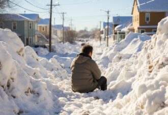Чоловік сидить на узбіччі засніженої вулиці, оточений сніговими заметами та будинками. Яскраве сонце освітлює зимовий пейзаж, створюючи контраст між снігом і забудовою.