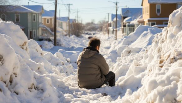 Чоловік сидить на узбіччі засніженої вулиці, оточений сніговими заметами та будинками. Яскраве сонце освітлює зимовий пейзаж, створюючи контраст між снігом і забудовою.
