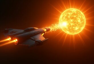 Космічний корабель летить до величезного палаючого Сонця, що оточує його яскравим світлом і спалахами плазми.