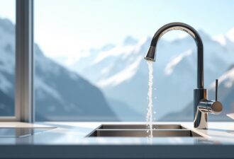 Сучасний кухонний змішувач з проточною водою на тлі панорамного виду на засніжені гори.