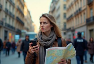 Український турист стоїть у незнайомому європейському місті, тримає у руках телефон із відкритою картою, виглядає розгублено. На задньому плані — будівля консульства, поліція, натовп людей.