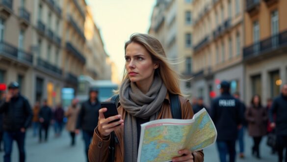 Український турист стоїть у незнайомому європейському місті, тримає у руках телефон із відкритою картою, виглядає розгублено. На задньому плані — будівля консульства, поліція, натовп людей.