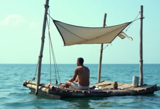 Фотографія людини, що сидить на саморобному плоту посеред відкритого моря. Пліт зроблений із дерев’яних дощок, має чотири вертикальні стовпи, на яких натягнуто брезентовий навіс для захисту від сонця. Позаду закріплене вітрило, що дозволяє використовувати силу вітру для руху. На плоті розкидані кілька предметів, зокрема шматки тканини та жерстяна банка. Людина, яка перебуває на плоту, одягнена у легкий одяг, має коротку зачіску і сидить, задумливо дивлячись вдалину, ймовірно, розмірковуючи про своє становище в безкрайніх водах океану або моря.