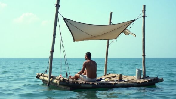 Фотографія людини, що сидить на саморобному плоту посеред відкритого моря. Пліт зроблений із дерев’яних дощок, має чотири вертикальні стовпи, на яких натягнуто брезентовий навіс для захисту від сонця. Позаду закріплене вітрило, що дозволяє використовувати силу вітру для руху. На плоті розкидані кілька предметів, зокрема шматки тканини та жерстяна банка. Людина, яка перебуває на плоту, одягнена у легкий одяг, має коротку зачіску і сидить, задумливо дивлячись вдалину, ймовірно, розмірковуючи про своє становище в безкрайніх водах океану або моря.