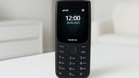 Класичний мобільний телефон Nokia чорного кольору стоїть на білому столі в світлій кімнаті; на екрані видно час 12:00 та дату 30.06.2023.