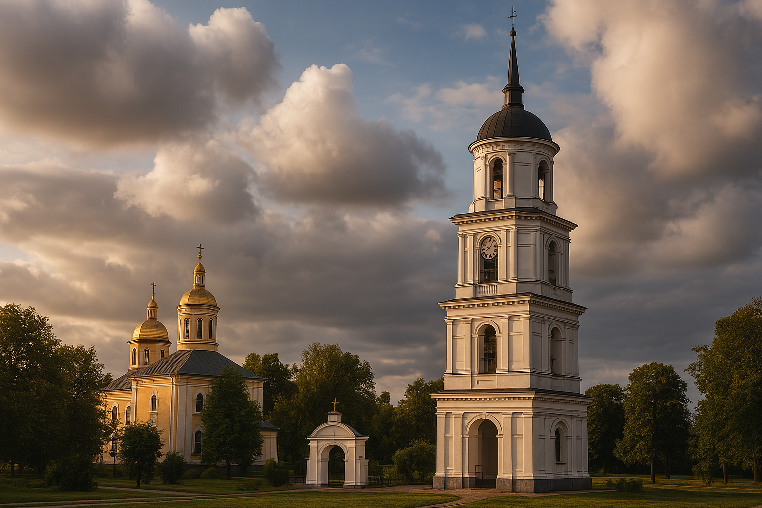Православна церква з золотими куполами та висока біла дзвіниця з годинником на фоні західного неба з драматичними хмарами та вечірнім сонцем.