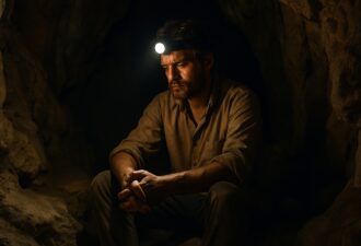 На фото зображено чоловіка, який сидить у печері або підземному просторі. Він одягнений у простий одяг, на голові має налобний ліхтарик, який освітлює темне оточення. Вираз його обличчя зосереджений і трохи стурбований, руки складені. Атмосфера знімка — тиха, відлюднена, з натяком на експедицію, виживання або ізоляційний експеримент.