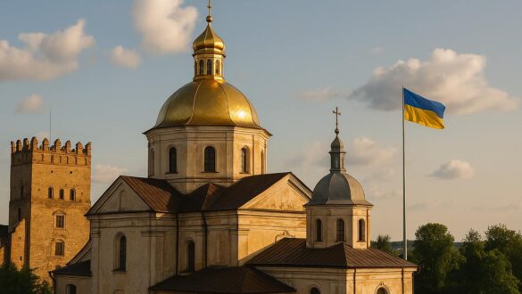 Золотоголова церква поруч із середньовічною вежею та прапором України на тлі вечірнього неба з хмарами.