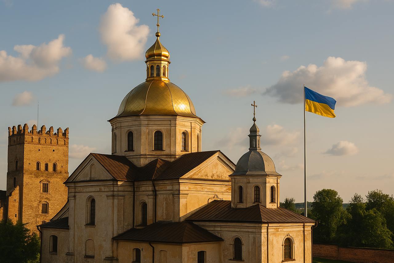 Золотоголова церква поруч із середньовічною вежею та прапором України на тлі вечірнього неба з хмарами.