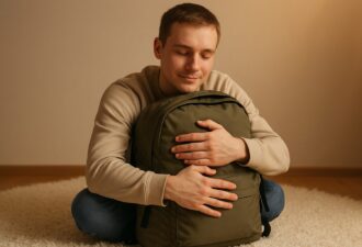 Молодий чоловік сидить на килимі з усмішкою й обіймає зелений рюкзак, заплющивши очі.