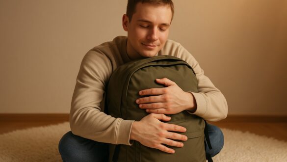 Молодий чоловік сидить на килимі з усмішкою й обіймає зелений рюкзак, заплющивши очі.