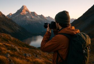 Турист із рюкзаком фотографує засніжену вершину в горах на заході сонця, стоячи на схилі над гірським озером серед осіннього ландшафту.