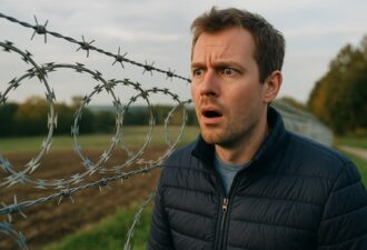 Чоловік із шокованим виразом обличчя стоїть поруч із колючим дротом на тлі сільського пейзажу.