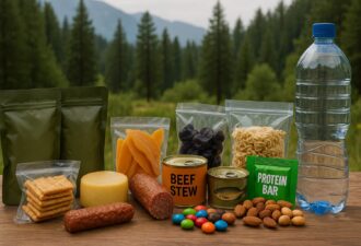 Набір туристичних продуктів на фоні гір та лісу: пляшка води, консерви, сухофрукти, горіхи, шоколадні драже, ковбаса, сир, крекери, локшина швидкого приготування, протеїновий батончик, сушене м’ясо та харчові пакети для тривалого зберігання. Усе розміщене на дерев’яному столі просто неба.