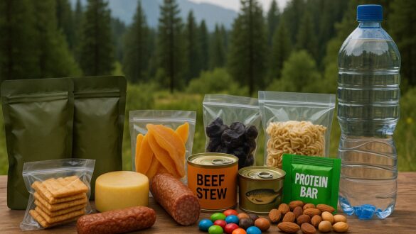 Набір туристичних продуктів на фоні гір та лісу: пляшка води, консерви, сухофрукти, горіхи, шоколадні драже, ковбаса, сир, крекери, локшина швидкого приготування, протеїновий батончик, сушене м’ясо та харчові пакети для тривалого зберігання. Усе розміщене на дерев’яному столі просто неба.