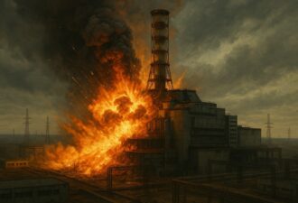 Вибух і пожежа на ядерному реакторі з великим стовпом вогню і диму, похмуре небо на тлі.