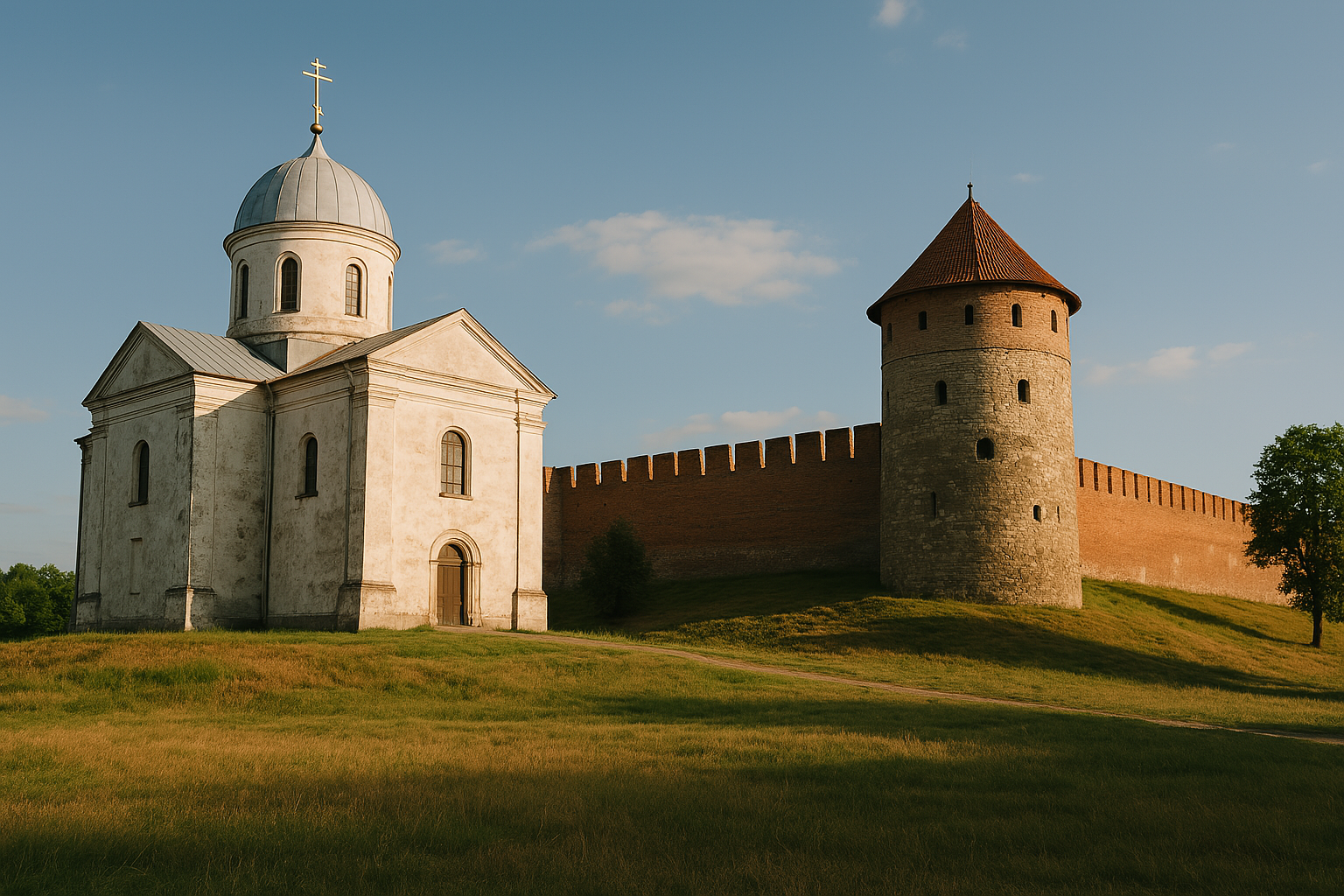 Стара біла церква з куполом біля середньовічної фортеці з червоною цегляною стіною та круглою вежою з черепичним дахом на тлі зеленого лугу й блакитного неба.