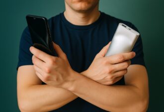 Людина з перехрещеними руками тримає в одній руці роздутий смартфон, а в іншій — деформований повербанк, демонструючи заборону на їх використання.