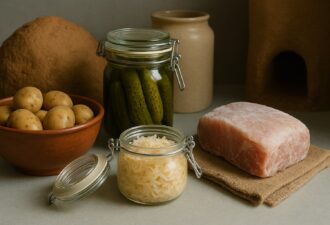 Горизонтальне зображення традиційних продуктів: капуста, солоні огірки, картопля, заморожене м’ясо на м’якій світлій поверхні поруч із глиняними ємностями.
