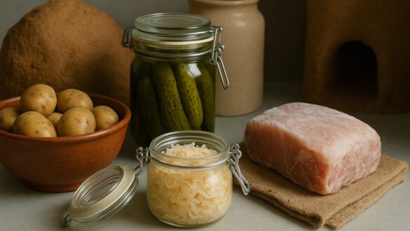 Горизонтальне зображення традиційних продуктів: капуста, солоні огірки, картопля, заморожене м’ясо на м’якій світлій поверхні поруч із глиняними ємностями.