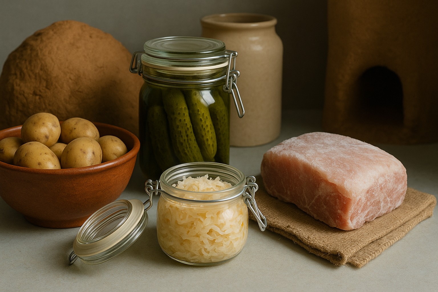 Горизонтальне зображення традиційних продуктів: капуста, солоні огірки, картопля, заморожене м’ясо на м’якій світлій поверхні поруч із глиняними ємностями.