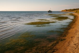 Судно на мілководді Азовського моря біля берегової лінії з піском і водоростями, спокійна вода з легкими хвилями, тепле сонячне світло пізнього дня, горизонтальний формат.