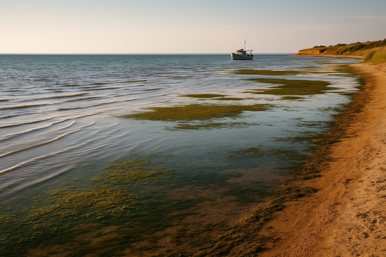Судно на мілководді Азовського моря біля берегової лінії з піском і водоростями, спокійна вода з легкими хвилями, тепле сонячне світло пізнього дня, горизонтальний формат.