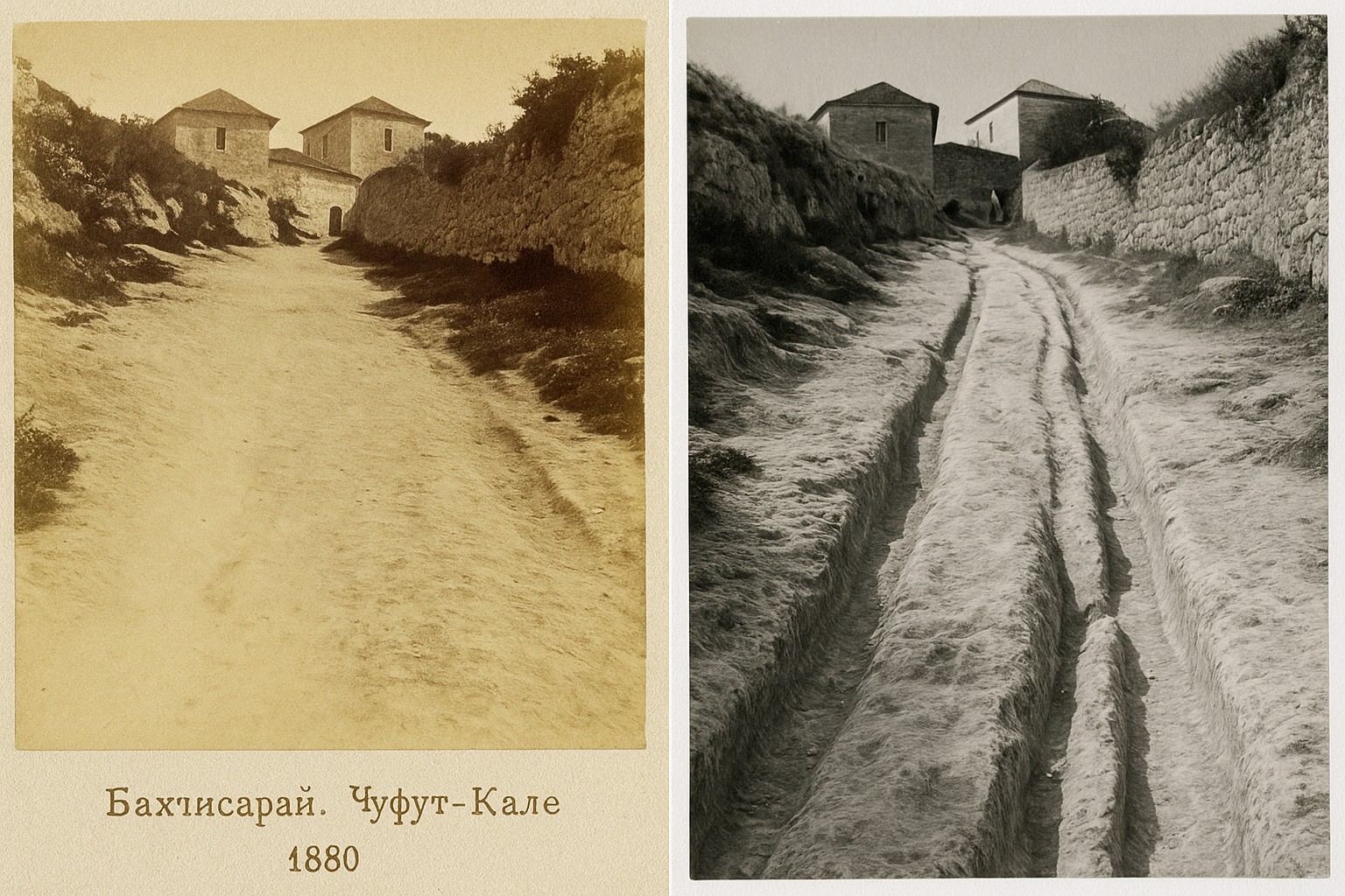 Порівняння вуличного шляху в Чуфут-Кале на фото 1880 року та середини XX століття — сліди відсутні, а потім з’являються.