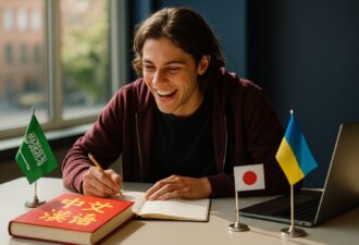 Молодий хлопець вивчає іноземні мови за столом — перед ним підручник з китайськими ієрогліфами, блокнот і прапори Японії, України та Саудівської Аравії.