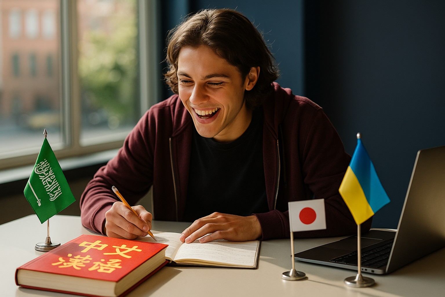 Молодий хлопець вивчає іноземні мови за столом — перед ним підручник з китайськими ієрогліфами, блокнот і прапори Японії, України та Саудівської Аравії.