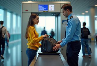 Жінка в жовтому светрі проходить контроль безпеки в аеропорту, кладе сумку на стрічку рентген-сканера, поруч працівник служби безпеки в синій уніформі допомагає з лотком. На задньому плані інші пасажири проходять через рамку металошукача.