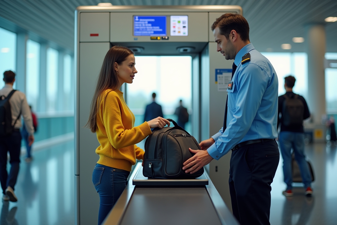 Жінка в жовтому светрі проходить контроль безпеки в аеропорту, кладе сумку на стрічку рентген-сканера, поруч працівник служби безпеки в синій уніформі допомагає з лотком. На задньому плані інші пасажири проходять через рамку металошукача.