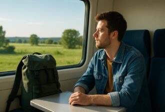 Молодий чоловік у джинсовій куртці сидить у поїзді біля вікна, дивиться на зелені поля за склом, поруч — темно-зелений рюкзак на столику, денне освітлення з точним балансом білого.