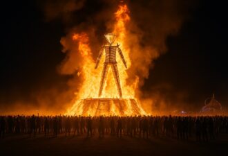 Нічне фото палаючої дерев’яної статуї Людини на фестивалі Burning Man, навколо якої зібрався великий натовп людей у темряві, освітлених вогнем.
