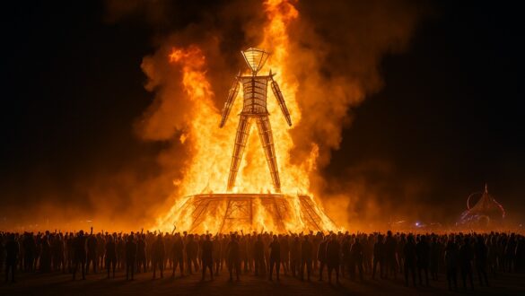 Нічне фото палаючої дерев’яної статуї Людини на фестивалі Burning Man, навколо якої зібрався великий натовп людей у темряві, освітлених вогнем.