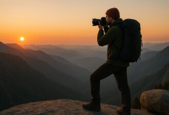 Турист із рюкзаком і камерою стоїть на скелі, знімаючи захід сонця над гірським ландшафтом у м’якому золотому світлі.