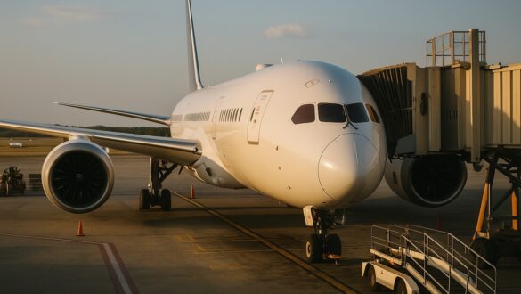 Білий літак Boeing 787 Dreamliner стоїть біля гейту аеропорту в золотому вечірньому світлі, поряд багажні візки та наземна техніка.