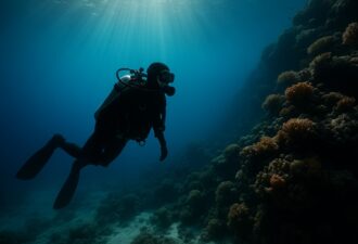 Підводний дайвер у чорному гідрокостюмі пливе біля коралового рифу, промені сонця проникають крізь воду, створюючи спокійну і загадкову атмосферу.