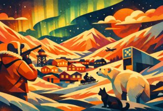 Горизонтальна ретро-ілюстрація арктичного містечка в стилі 1950–60-х: кольорові будинки серед снігових гір, полярне сяйво в нічному небі, білий ведмідь, снігохід і силует людини з рушницею, виконані у яскравій геометричній векторній манері з теплими помаранчево-кораловими відтінками та зернистою текстурою.