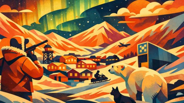 Горизонтальна ретро-ілюстрація арктичного містечка в стилі 1950–60-х: кольорові будинки серед снігових гір, полярне сяйво в нічному небі, білий ведмідь, снігохід і силует людини з рушницею, виконані у яскравій геометричній векторній манері з теплими помаранчево-кораловими відтінками та зернистою текстурою.