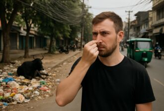 Горизонтальна фотографія мандрівника, який затискає ніс від неприємного запаху на вулиці азійського міста з купами сміття, коровою та хаотичними дротами над дорогою